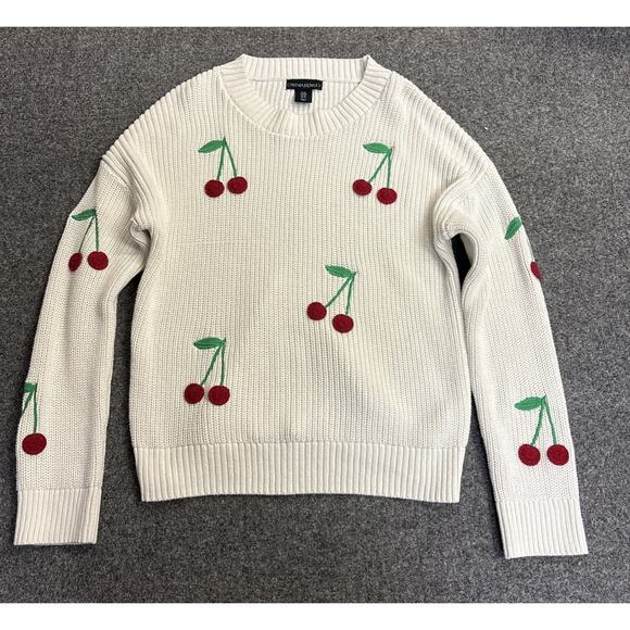 CYNTHIA ROWLEY Women’s Medium Crewneck Cherry Embroidered Pullover White Sweater - Picture 1 of 6
